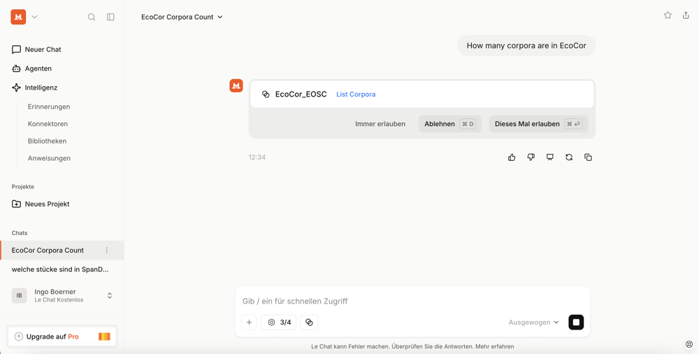 Le Chat (Mistral) calling a tool exposed by the EcoCor MCP server, shortly after deployment to EOSC's Cloud Container Platform